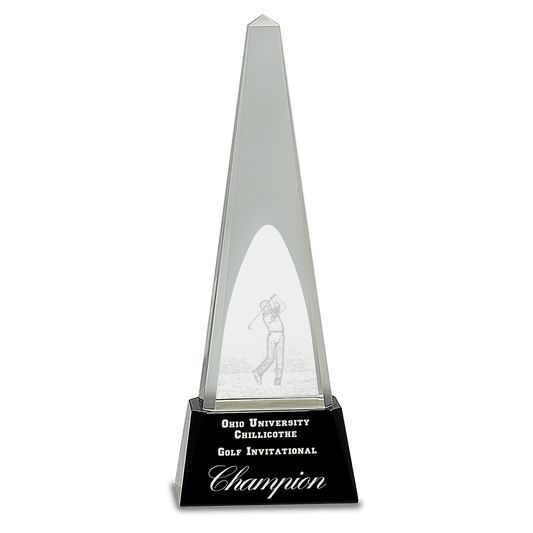 Clear Crystal 3D Golf Spire on Black Pedestal Base - 10 1/4"