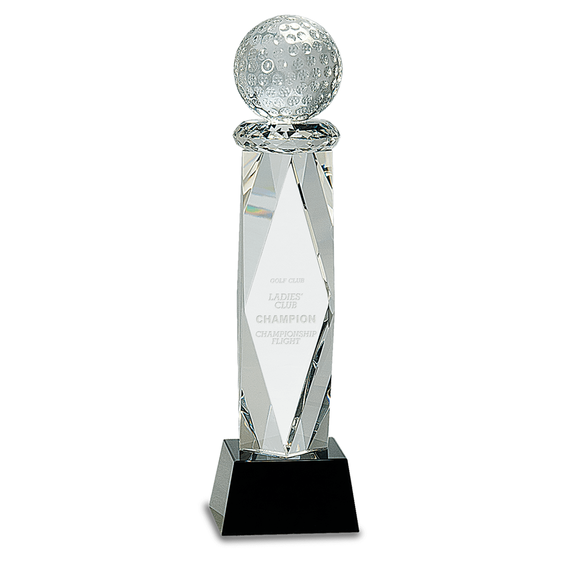 Clear Crystal Golf Ball on Facet Column w/Black Base - 10 3/4"