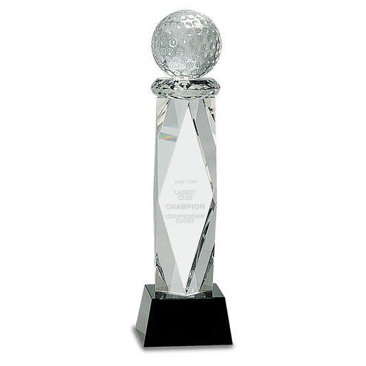 Clear Crystal Golf Ball on Facet Column w/Black Base - 10 3/4"