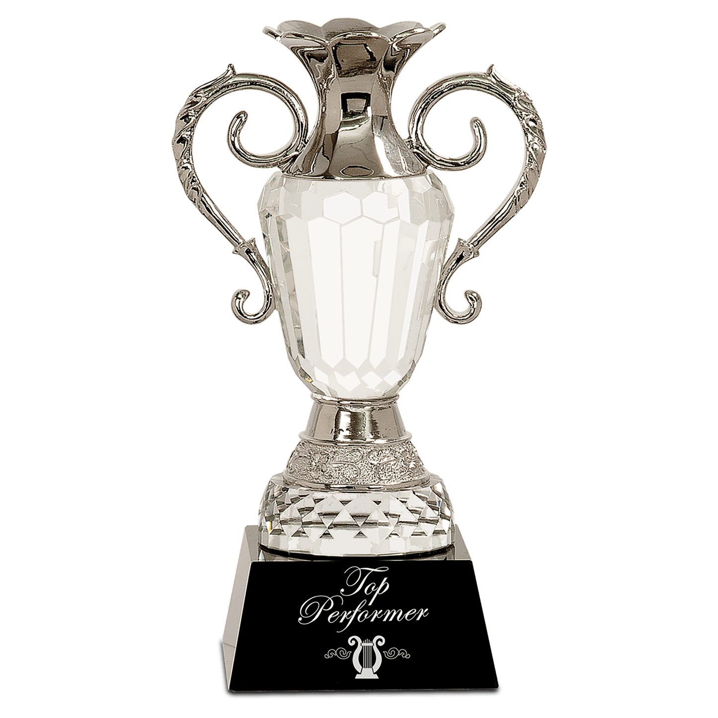 Crystal Cup with Silver Metal Handles on Black Pedestal Base - 10"