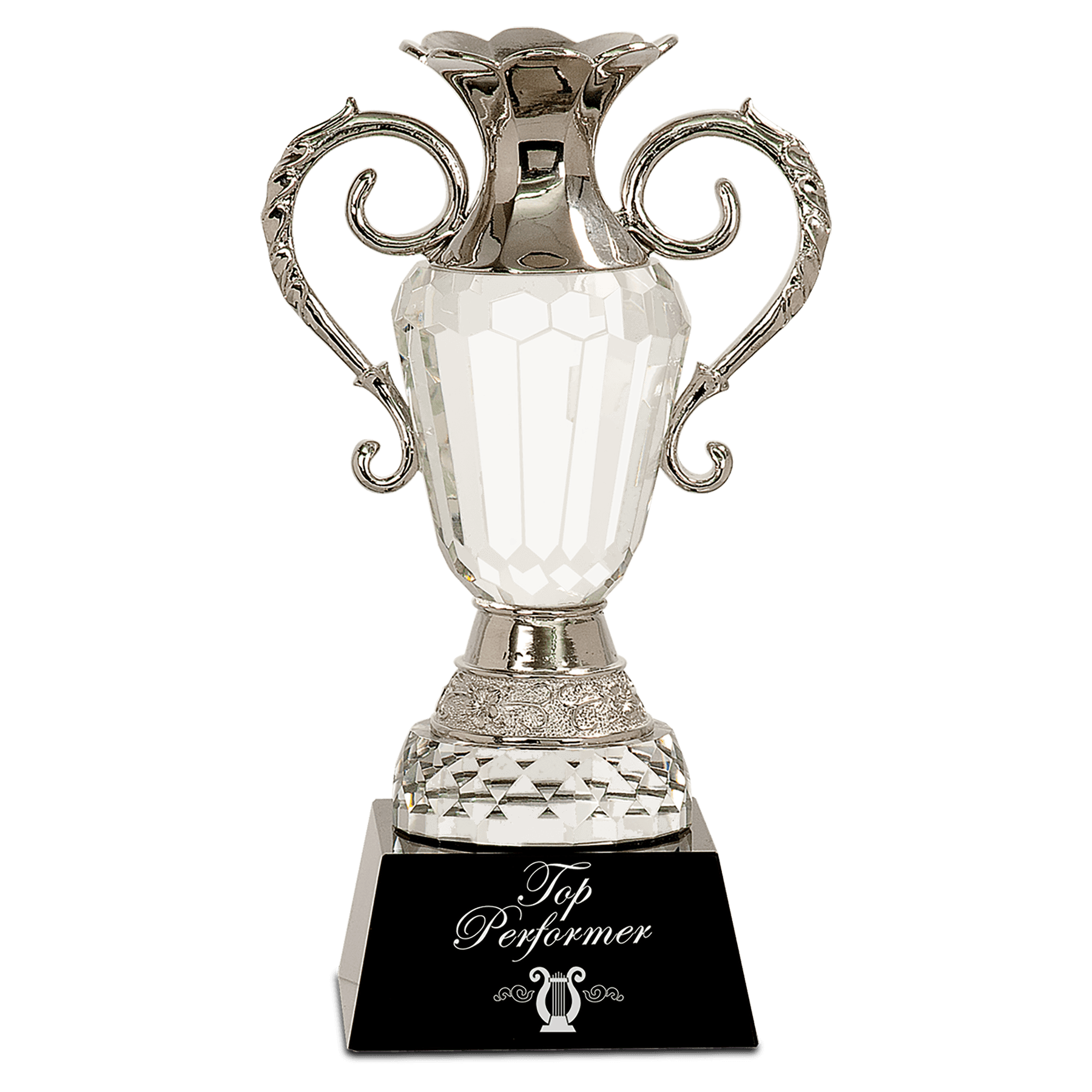 Crystal Cup with Silver Metal Handles on Black Pedestal Base - 10"