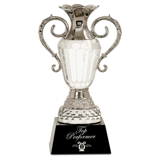 Crystal Cup with Silver Metal Handles on Black Pedestal Base - 10"