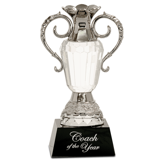 8" Crystal Cup with Silver Metal Handles on Black Pedestal Base