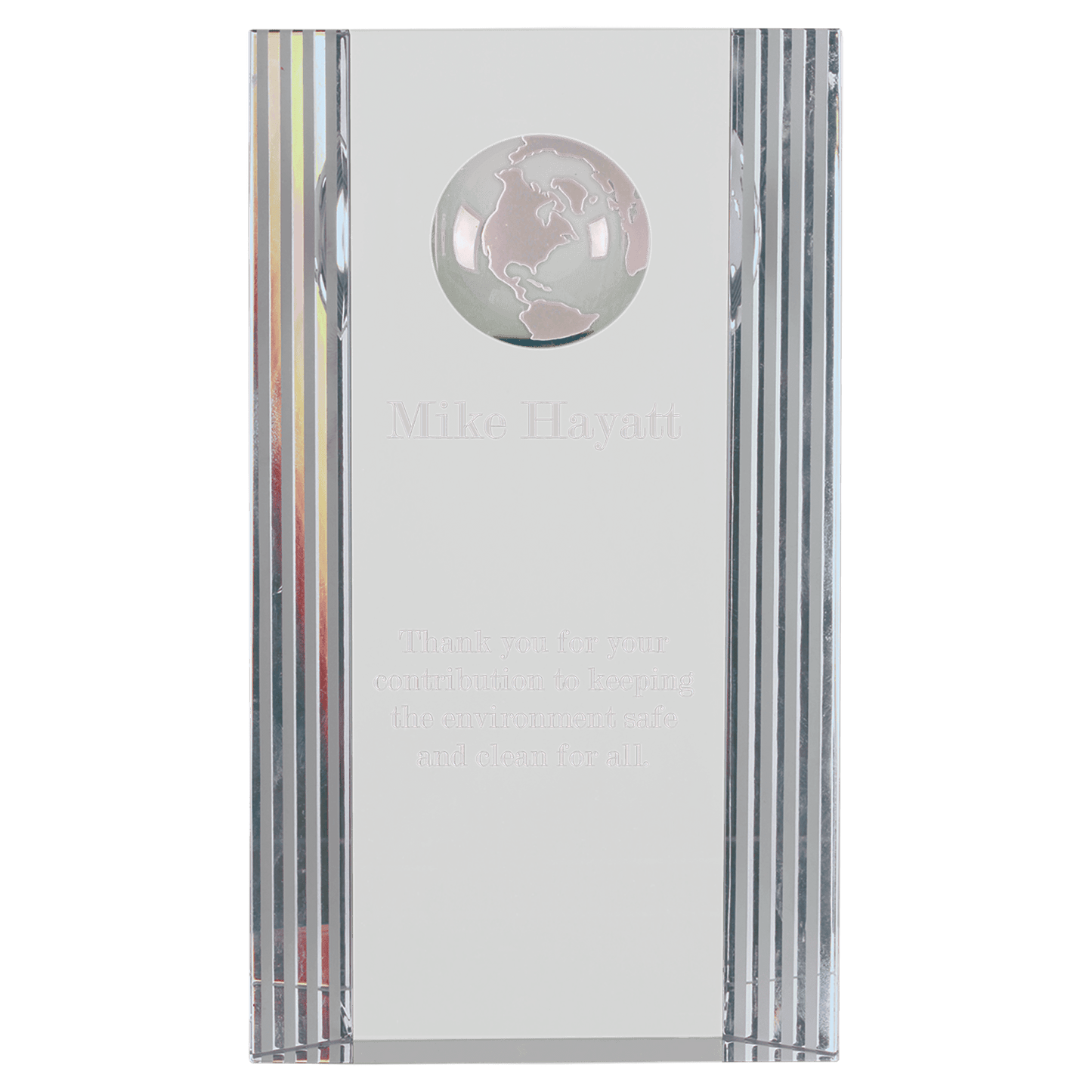 Clear Crystal Rectangle with Globe Etching - 7 3/4"