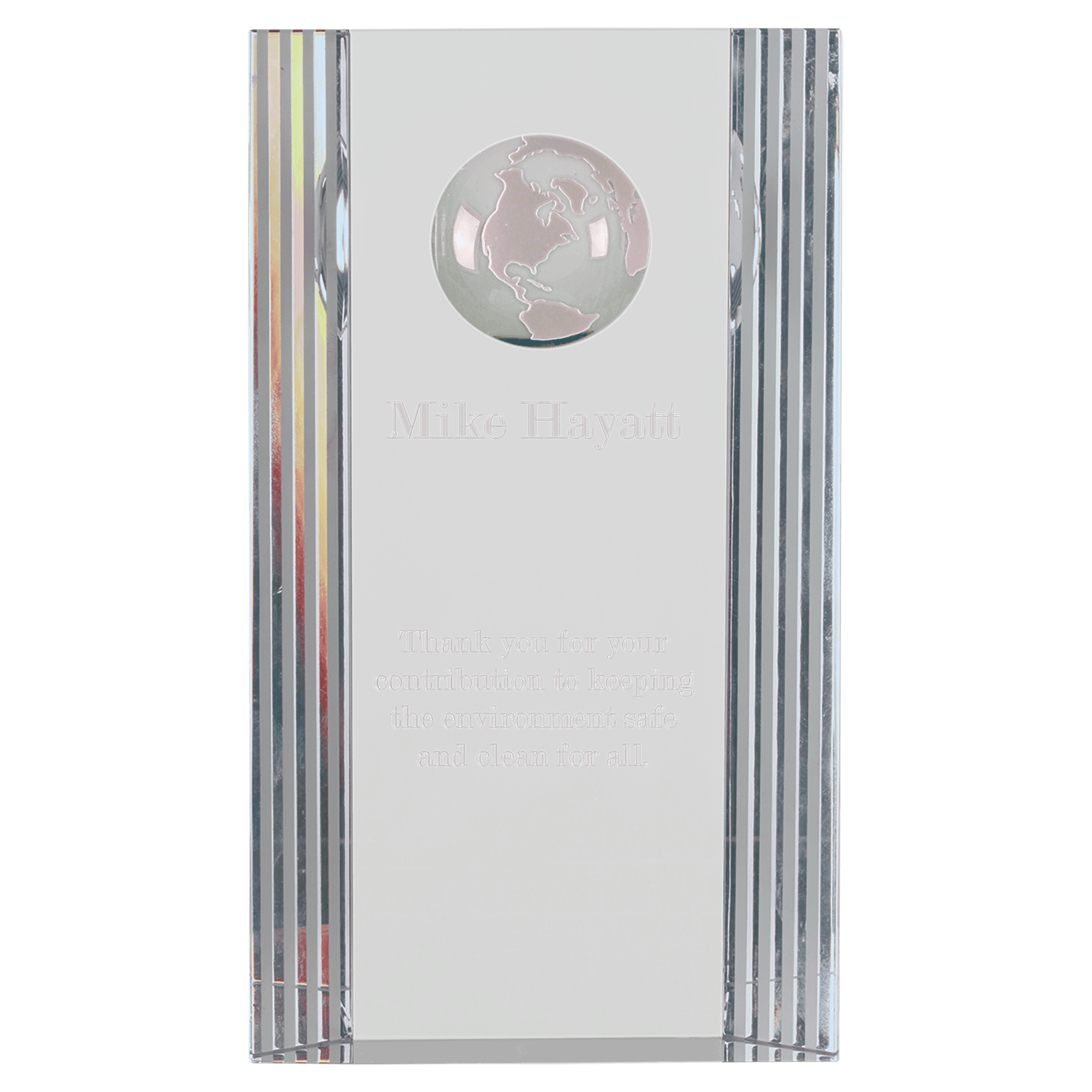 Clear Crystal Rectangle with Globe Etching - 7 3/4"