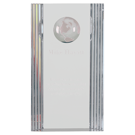 Clear Crystal Rectangle with Globe Etching - 7 3/4"