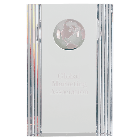 Clear Crystal Rectangle with Globe Etching - 6 1/2"