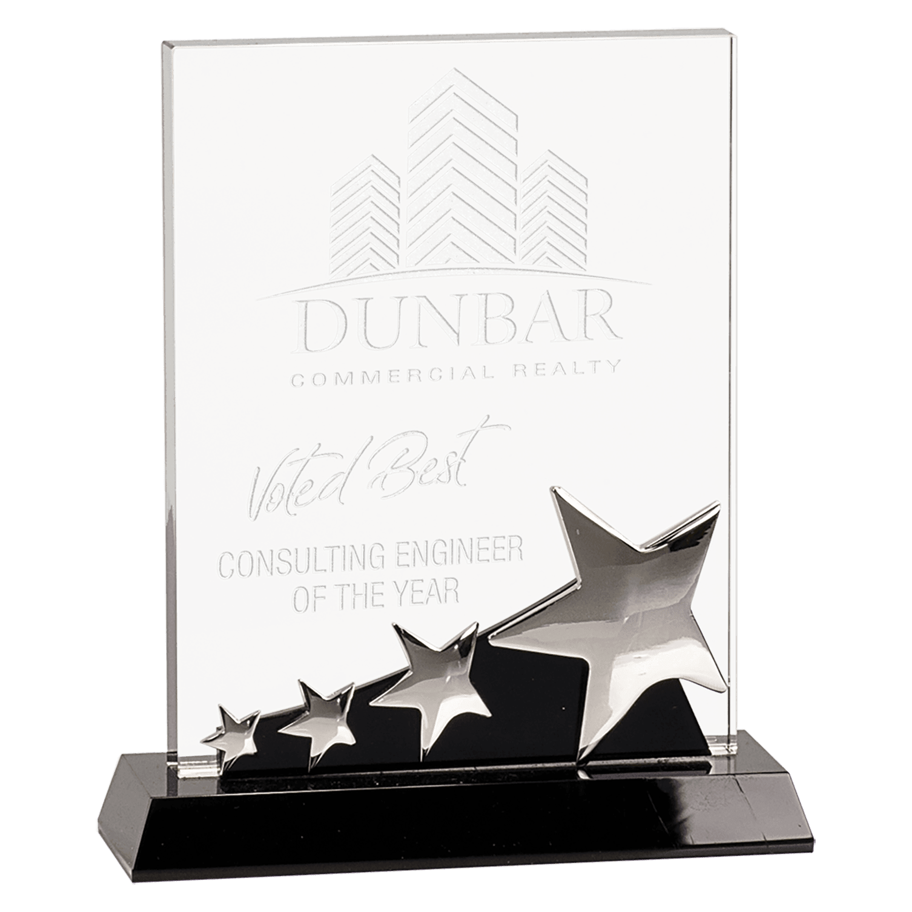 Rectangle Crystal with Silver Stars on Black Pedestal Base - 7"
