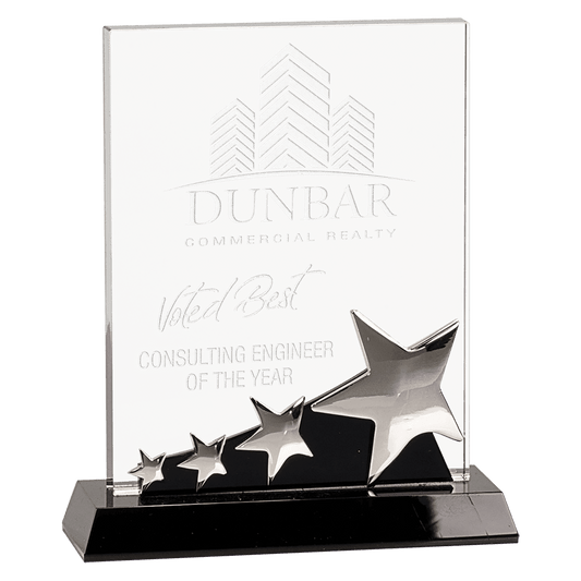 Rectangle Crystal with Silver Stars on Black Pedestal Base - 7"