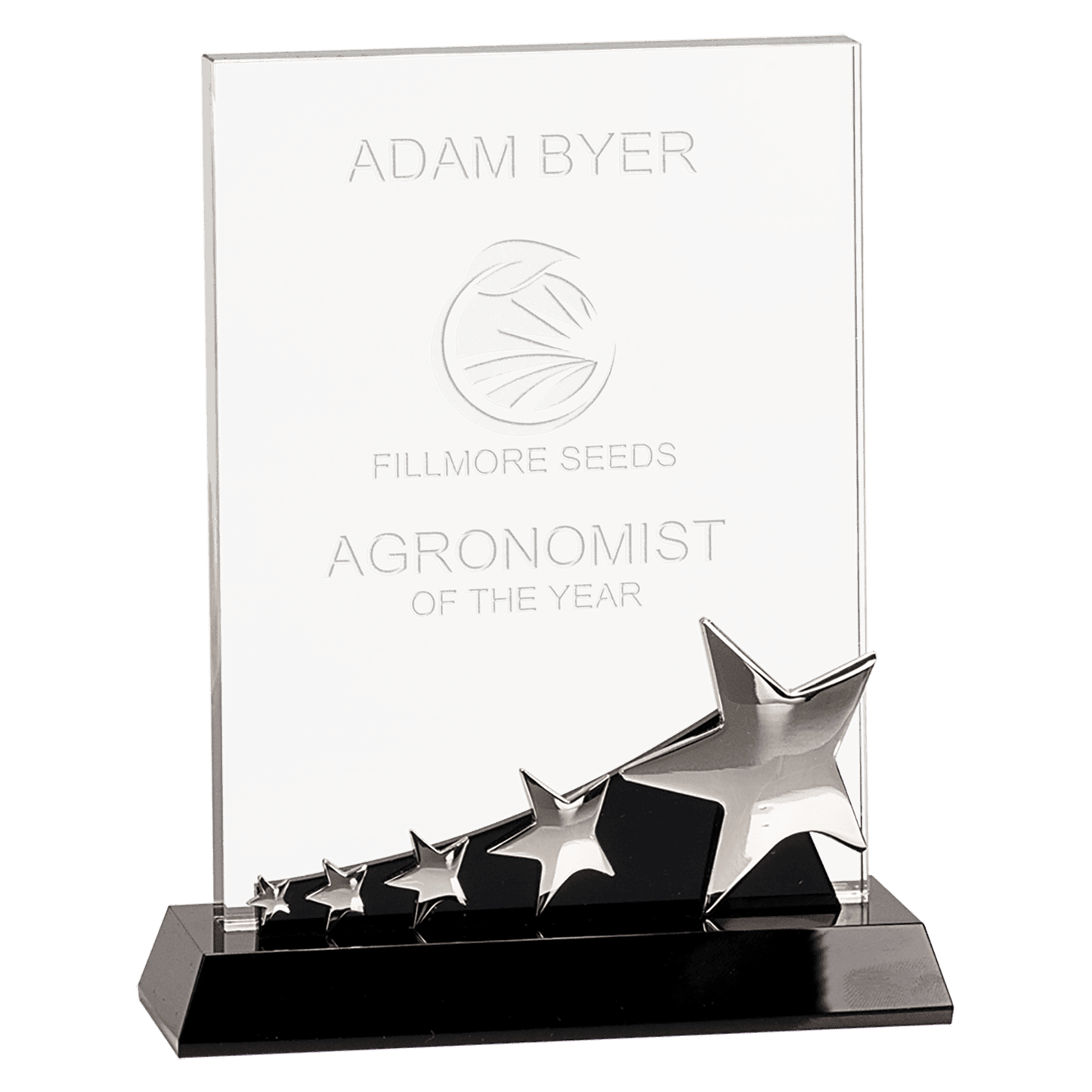 Rectangle Crystal with Silver Stars on Black Pedestal Base - 8"