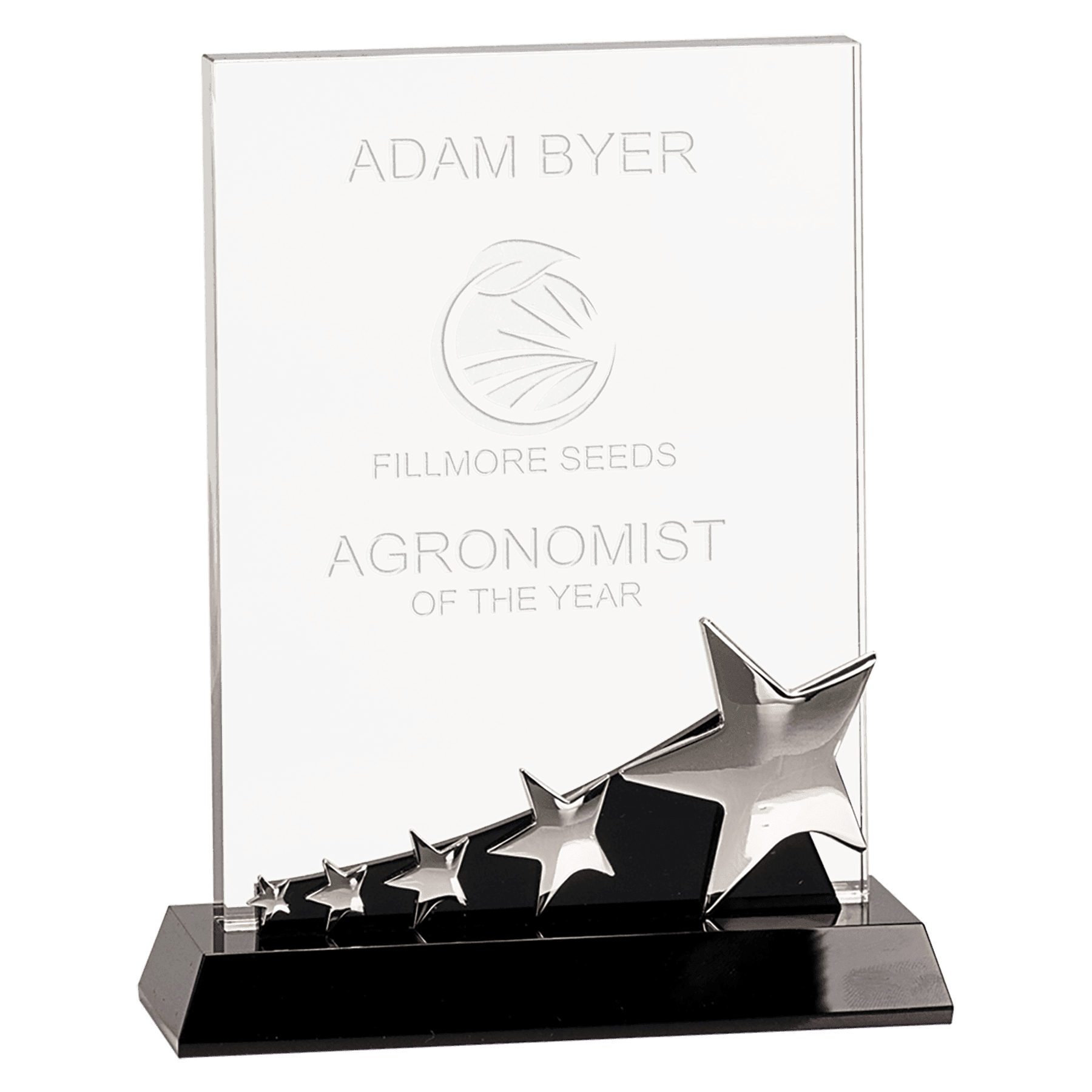 Rectangle Crystal with Silver Stars on Black Pedestal Base - 8"
