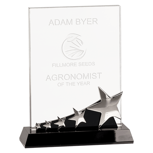 Rectangle Crystal with Silver Stars on Black Pedestal Base - 8"