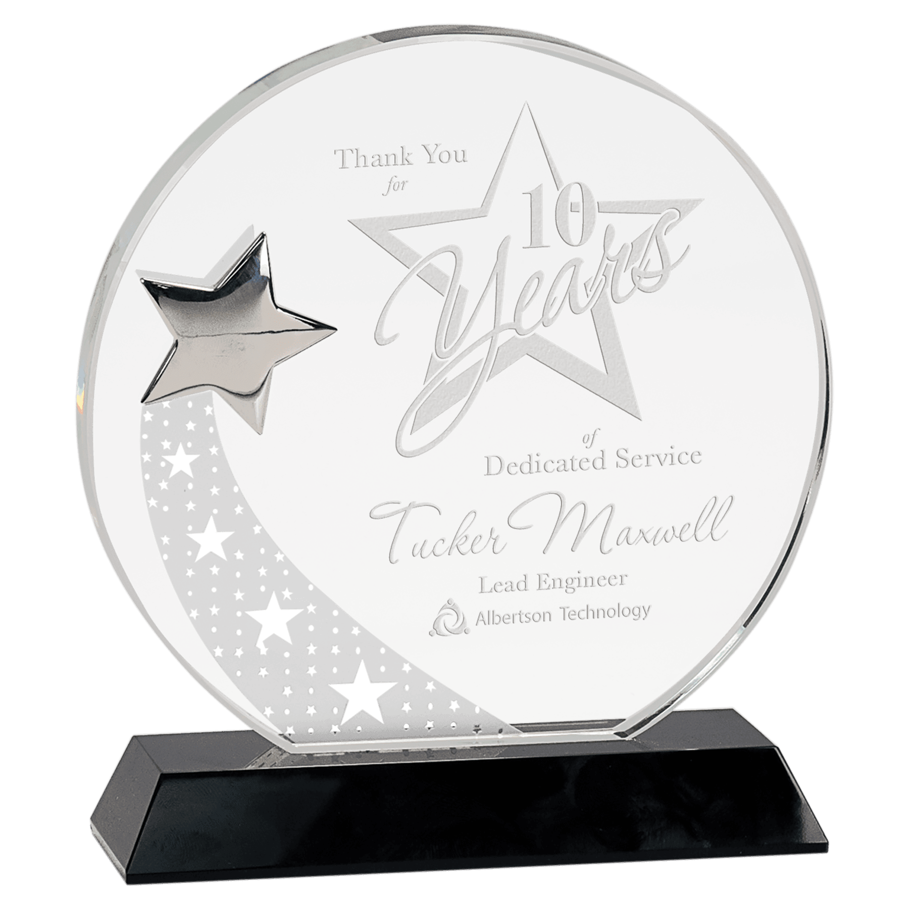 Round Crystal with Silver Star on Black Pedestal Base - 7 1/4"