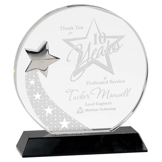 Round Crystal with Silver Star on Black Pedestal Base - 7 1/4"