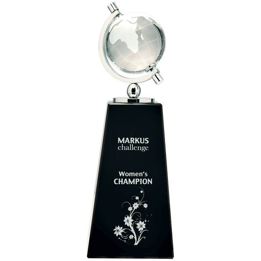 Crystal Spinning Globe on Black Pedestal Base - 9"