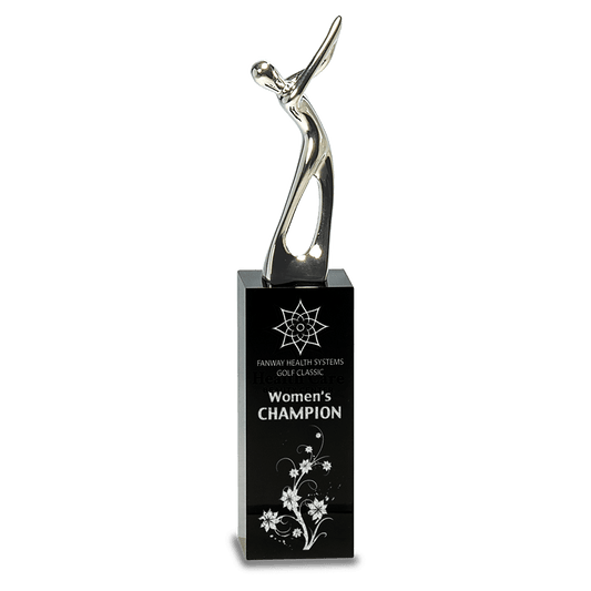 Silver Metal Golf Figure on Black Crystal Pedestal - 9 1/2"