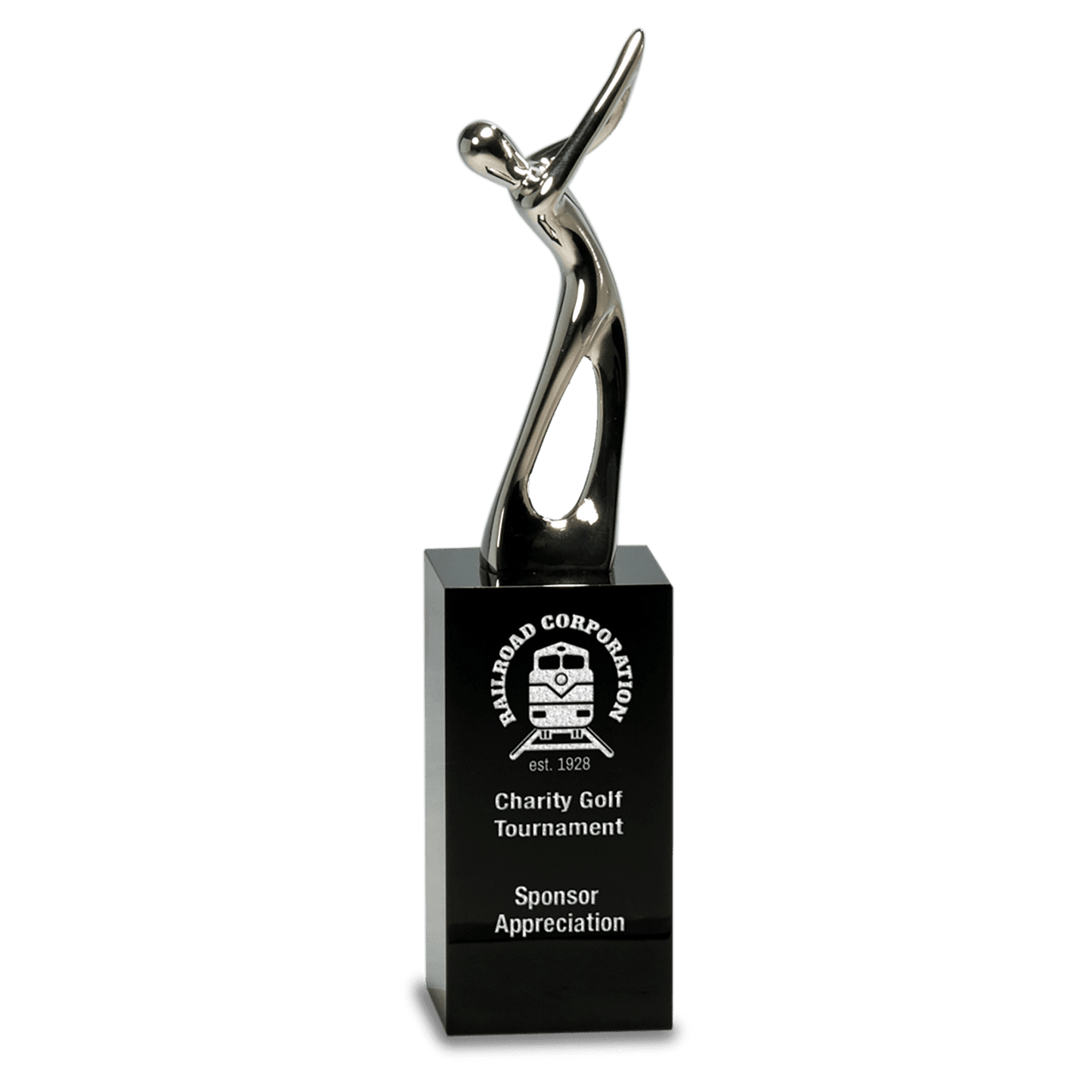 Silver Metal Golf Figure on Black Crystal Pedestal - 8 1/2"