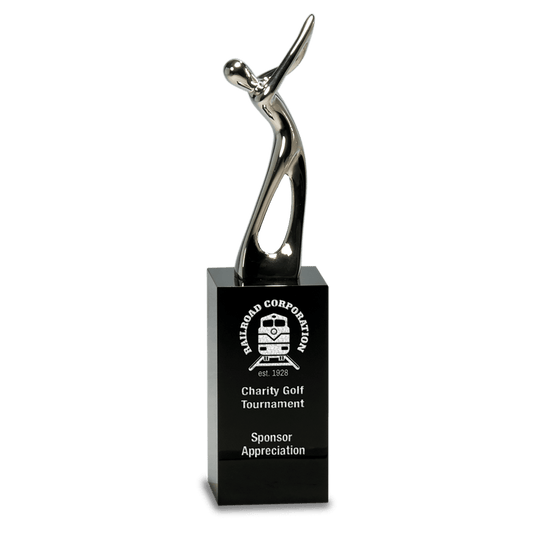 Silver Metal Golf Figure on Black Crystal Pedestal - 8 1/2"