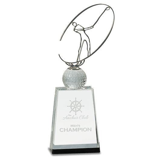Clear/Black Crystal Golf Award with Silver Metal Oval Figure - 12"