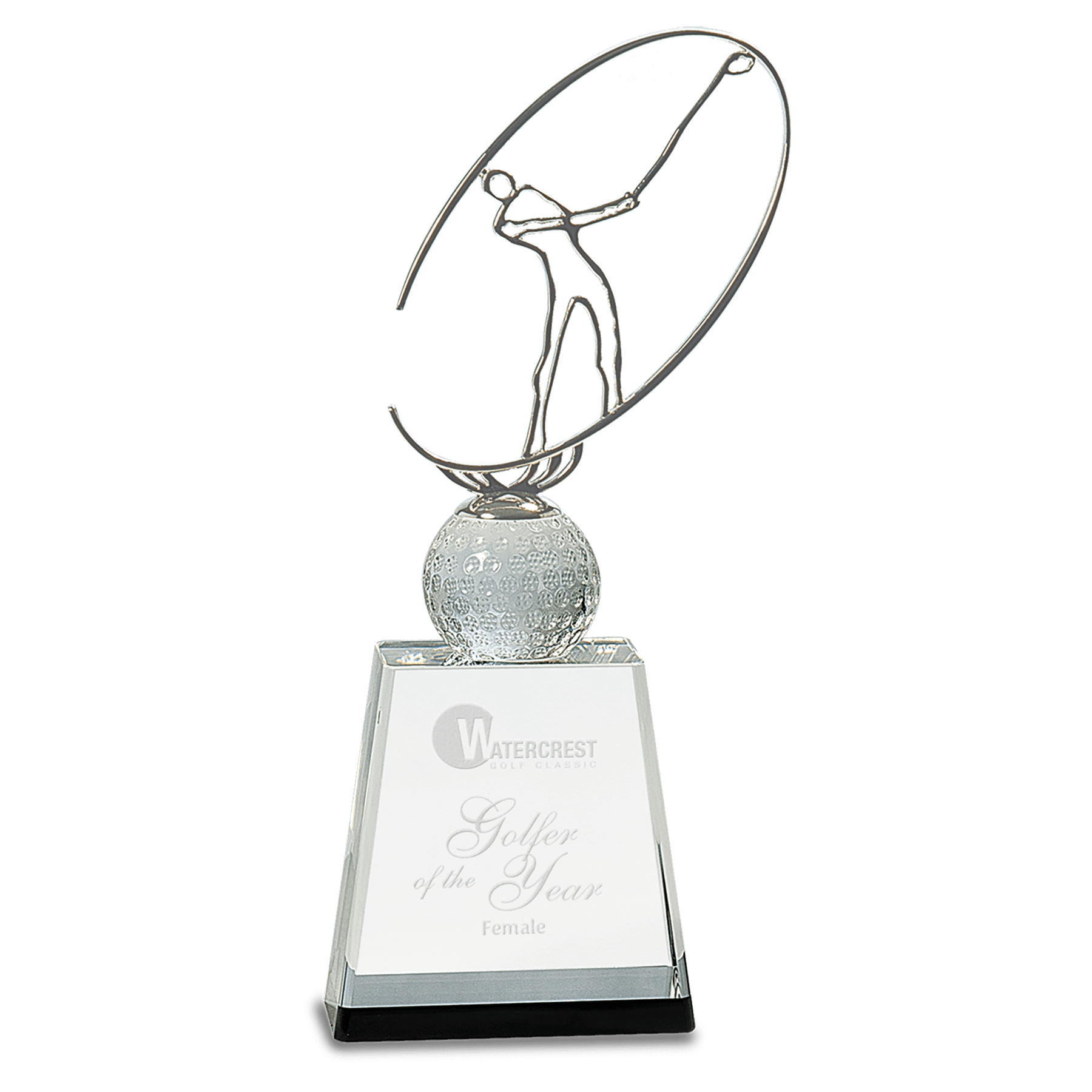 Clear/Black Crystal Golf Award with Silver Metal Oval Figure - 11"