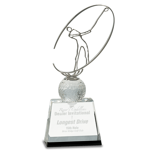 Clear/Black Crystal Golf Award with Silver Metal Oval Figure - 10"