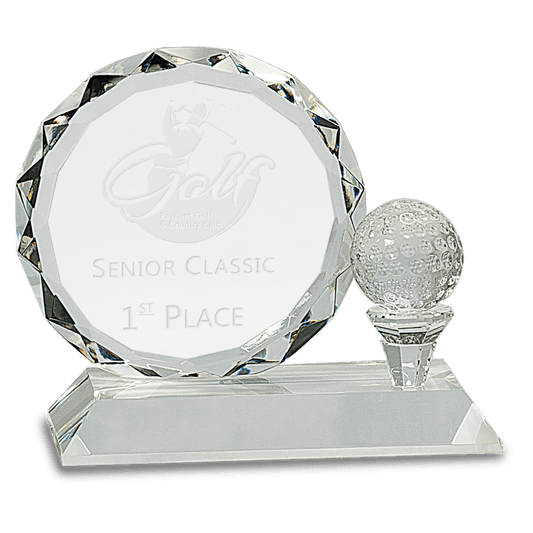 Round Facet Crystal with Golf Ball on Clear Pedestal Base - 5 1/4"