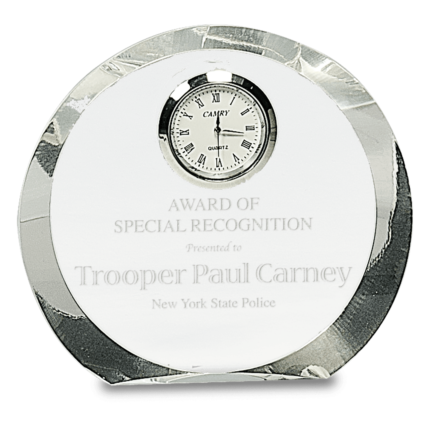 Clear Crystal Round with Clock - 4 1/2"