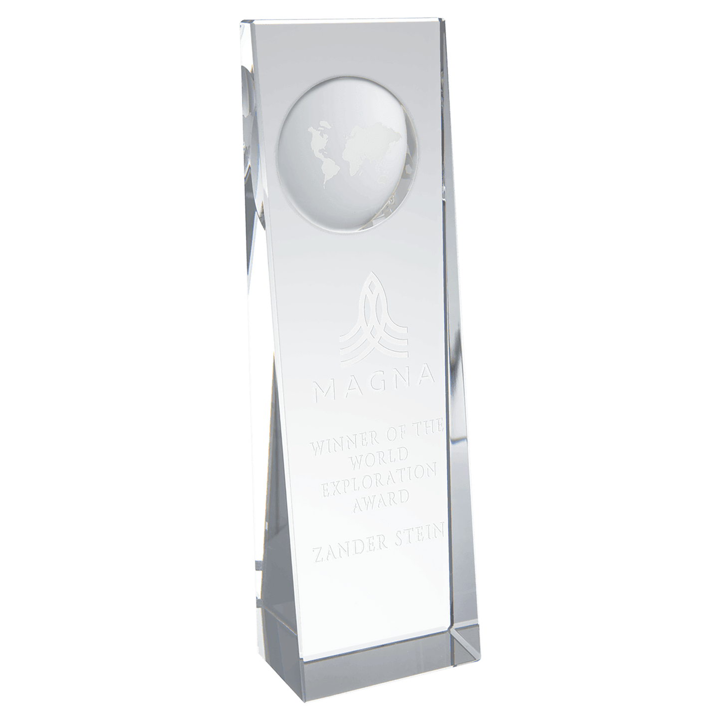 Clear Crystal Slant Front Rectangle with Engraved Globe - 2 3/4" x 8 3/4"