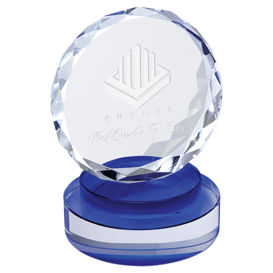 Round Facet Crystal on Blue & Clear Round Base - 5"