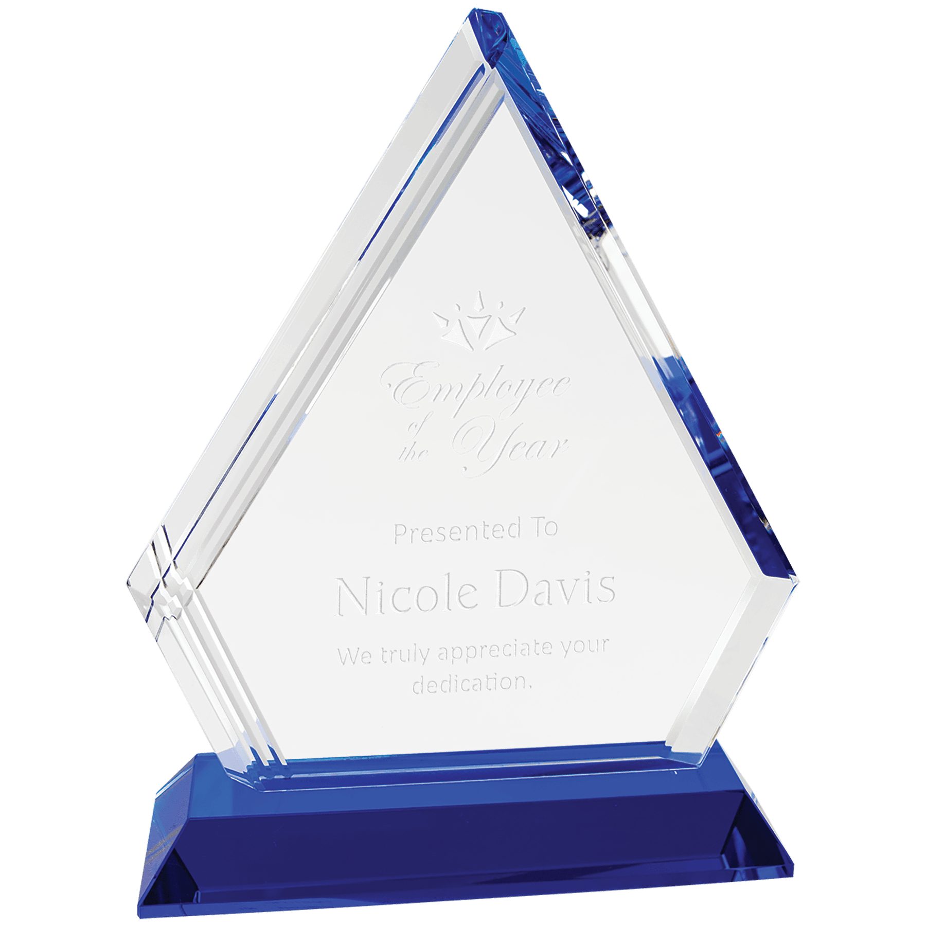 Crystal Diamond on Blue Pedestal Base - 7 3/4"