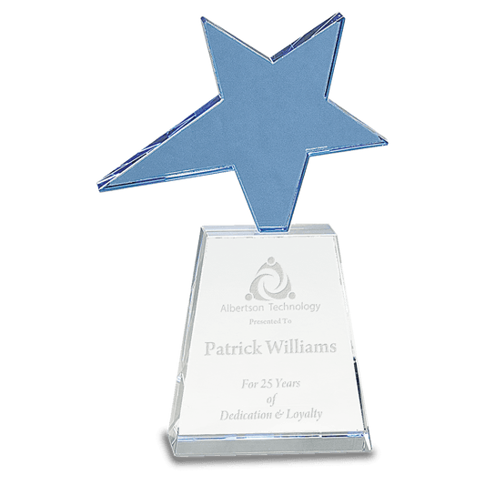 Blue Crystal Star on Clear Pedestal Base - 8"