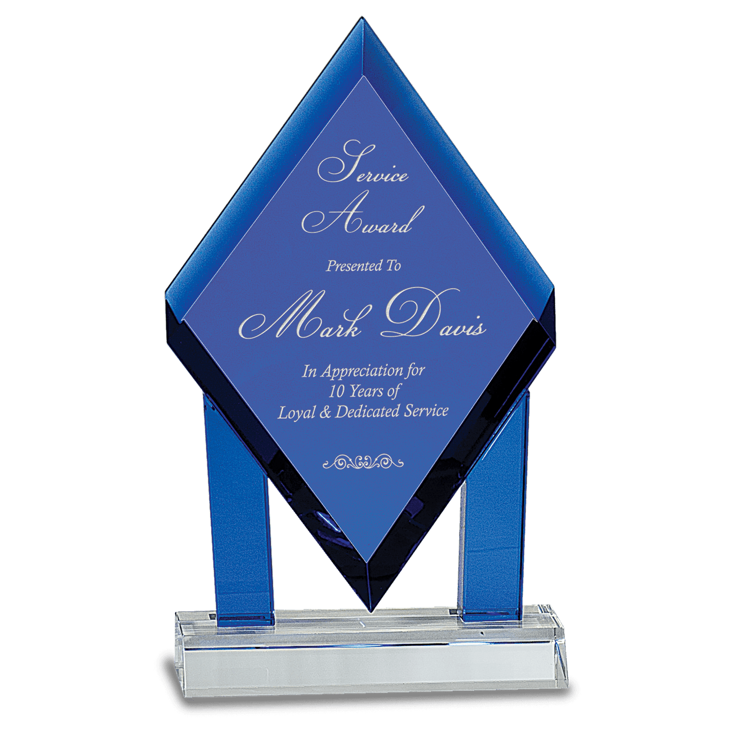 Blue Crystal Floating Diamond with Blue Columns on Clear Base - 8 3/4"