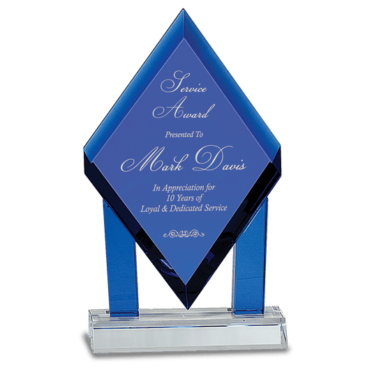 Blue Crystal Floating Diamond with Blue Columns on Clear Base - 8 3/4"