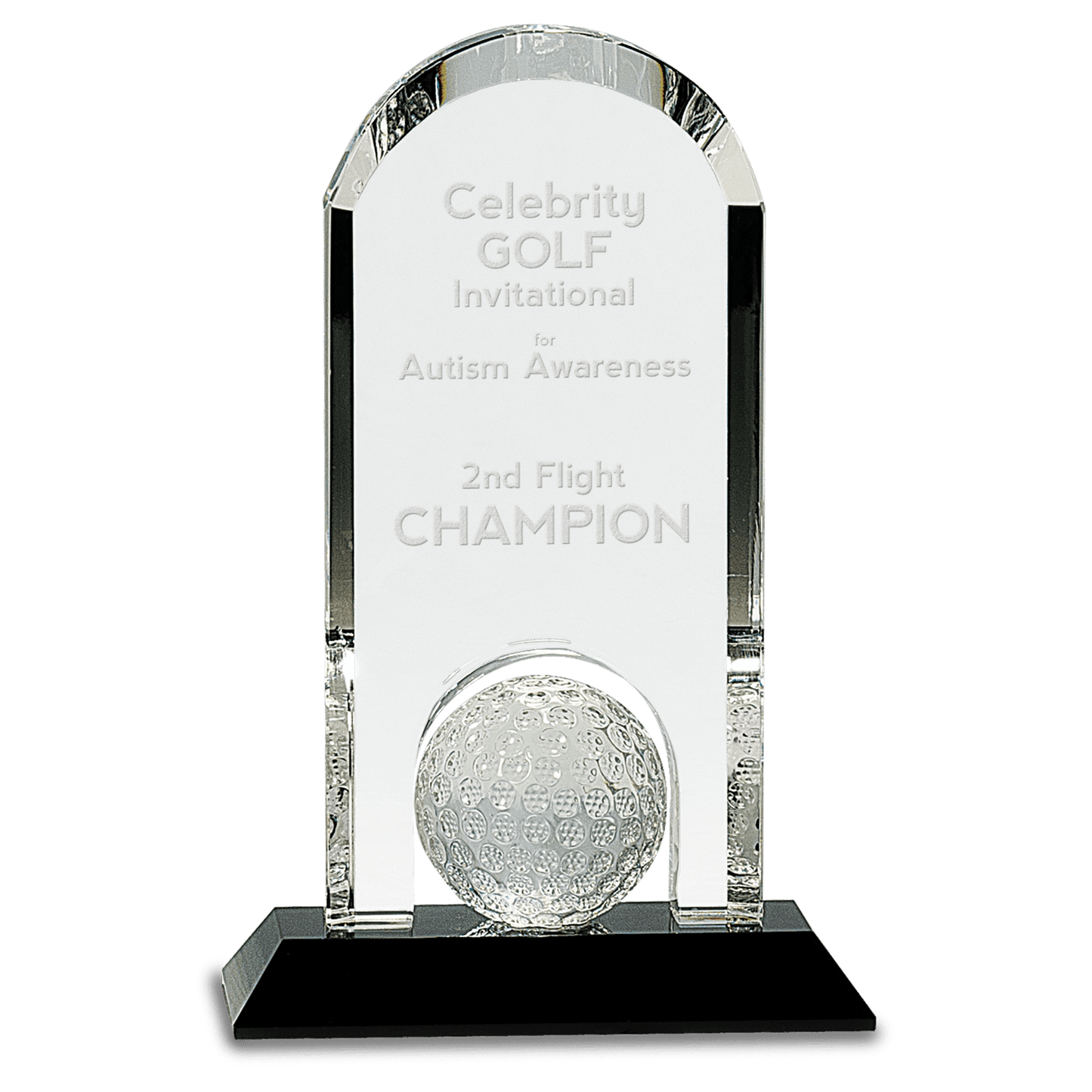 Clear Crystal Dome with Inset Golf Ball on Black Pedestal Base - 9"