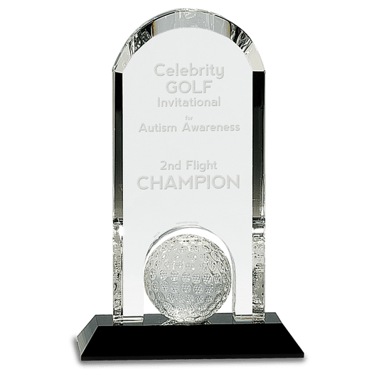 Clear Crystal Dome with Inset Golf Ball on Black Pedestal Base - 9"