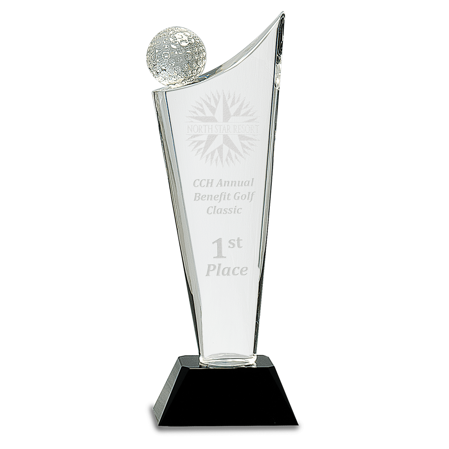 Clear Crystal Golf Wave on Black Pedestal Base - 10 3/4"