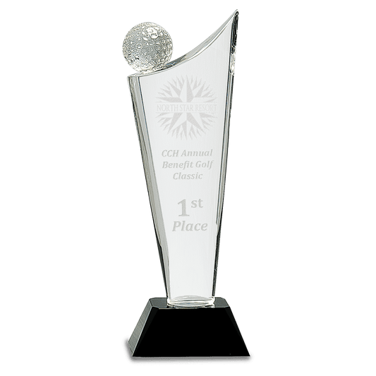 Clear Crystal Golf Wave on Black Pedestal Base - 10 3/4"