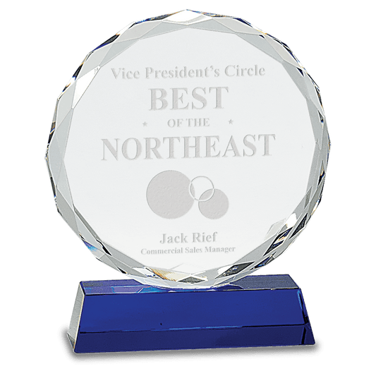 7" Round Facet Crystal on Blue Pedestal Base