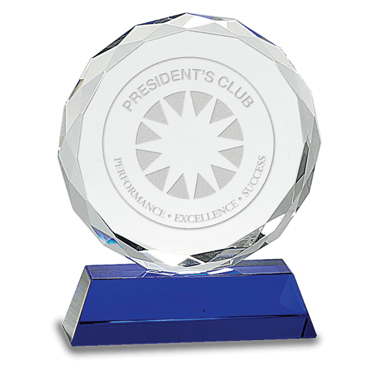 6" Round Facet Crystal on Blue Pedestal Base