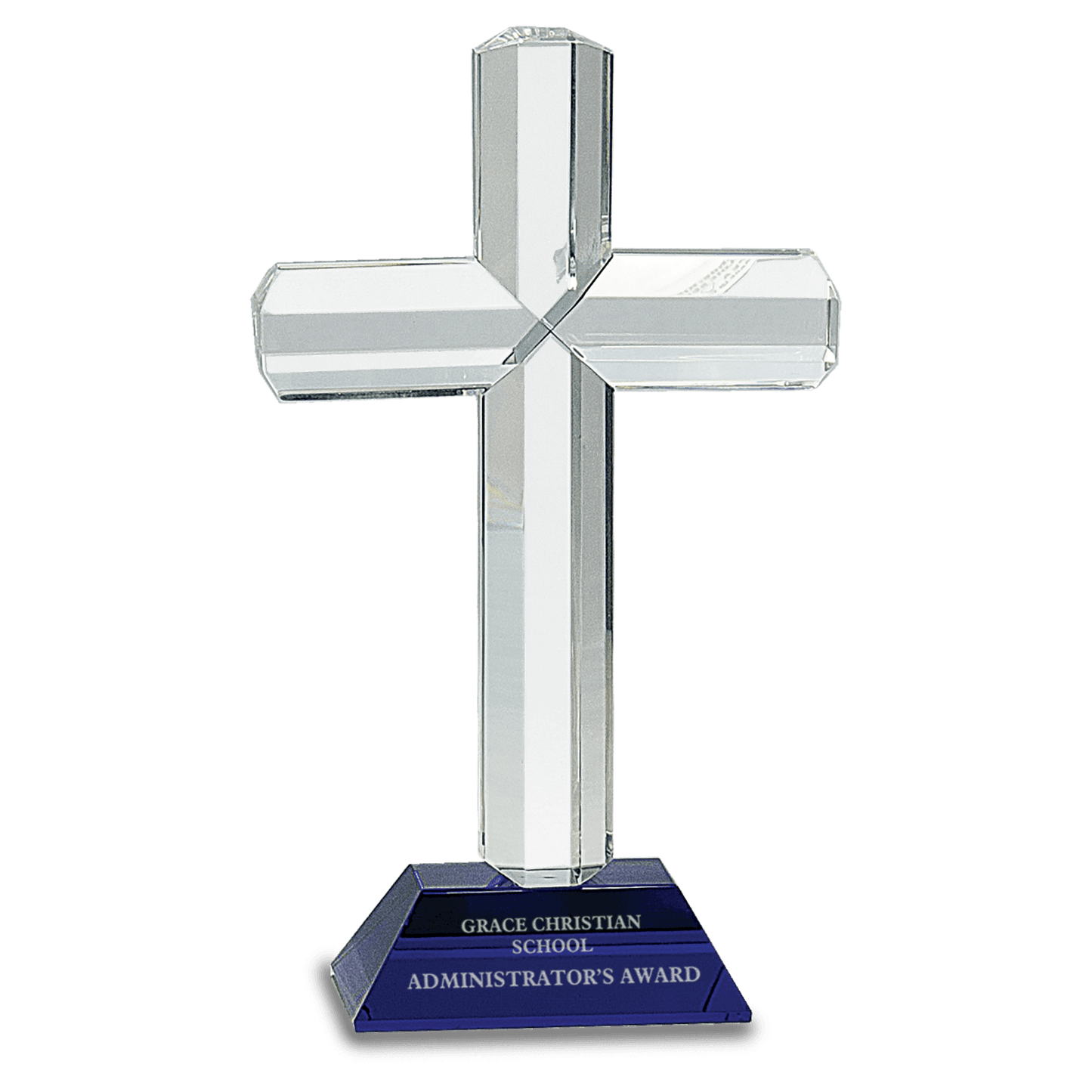 Crystal Cross on Blue Pedestal Base - 8 1/2"