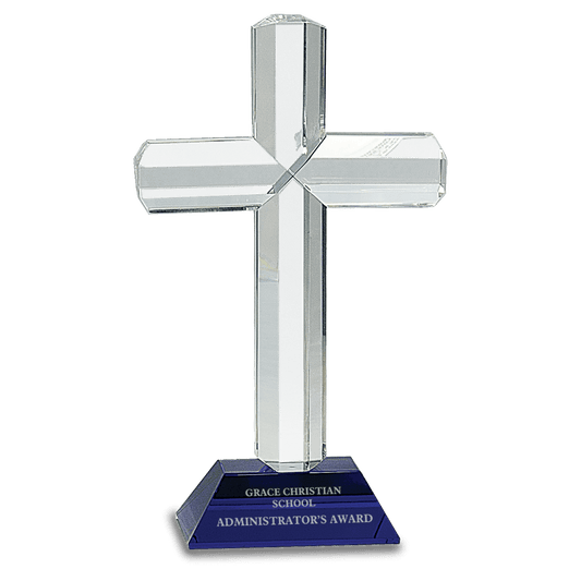 Crystal Cross on Blue Pedestal Base - 8 1/2"