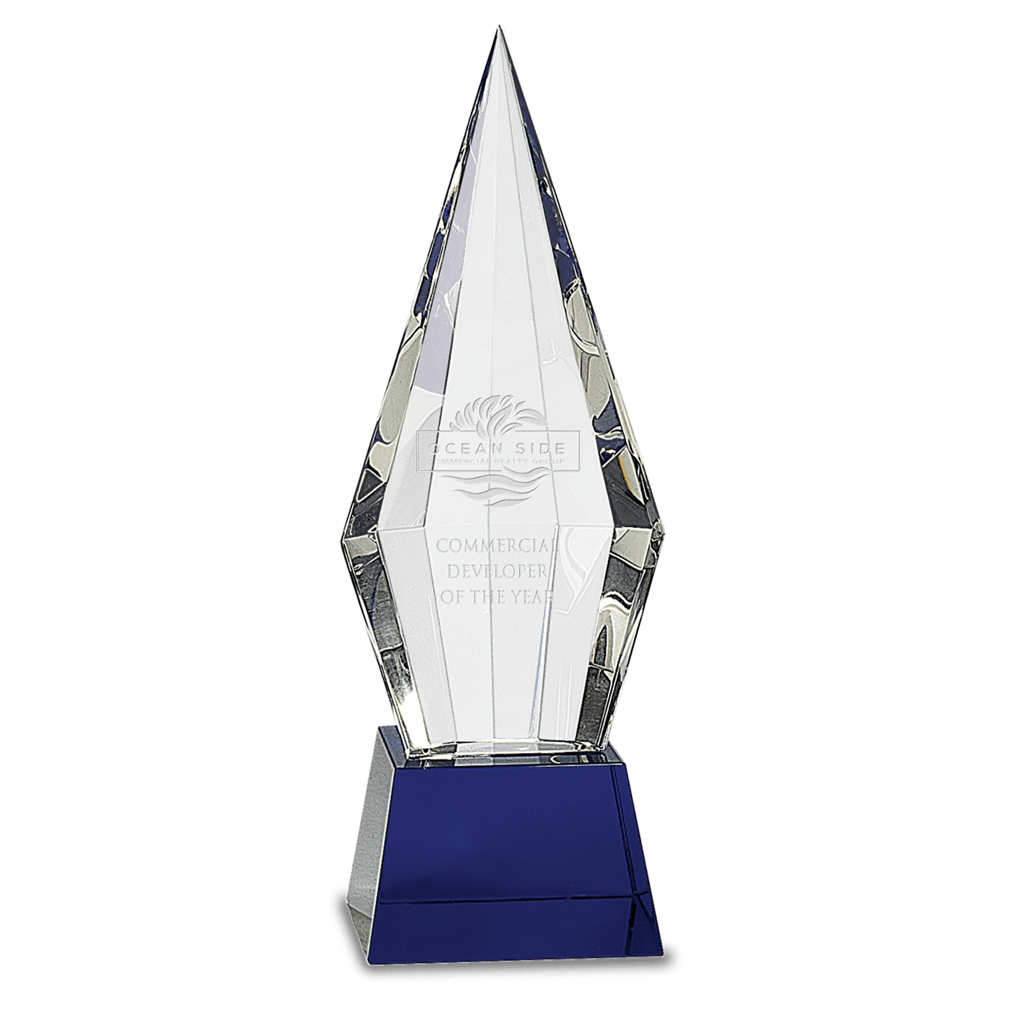 11" Obelisk Facet Crystal on Blue Pedestal Base