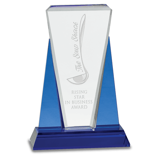 Blue/Clear Wedge Crystal on Blue Pedestal Base - 6" x 8 1/2"