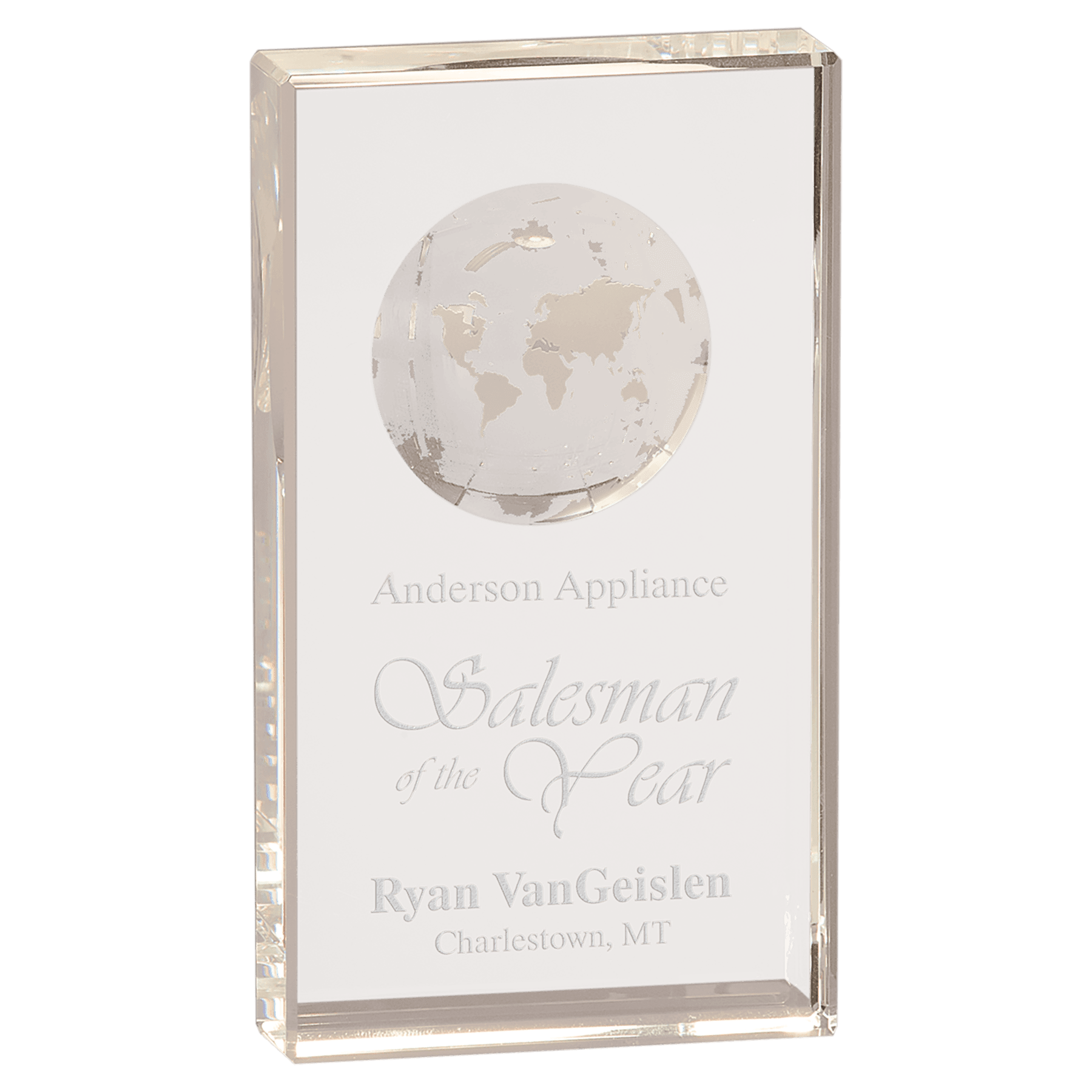 Clear Crystal Rectangle with Globe Etching - 7"