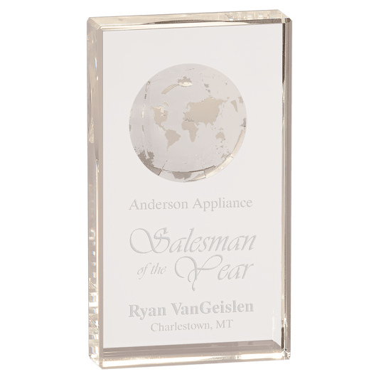 Clear Crystal Rectangle with Globe Etching - 7"