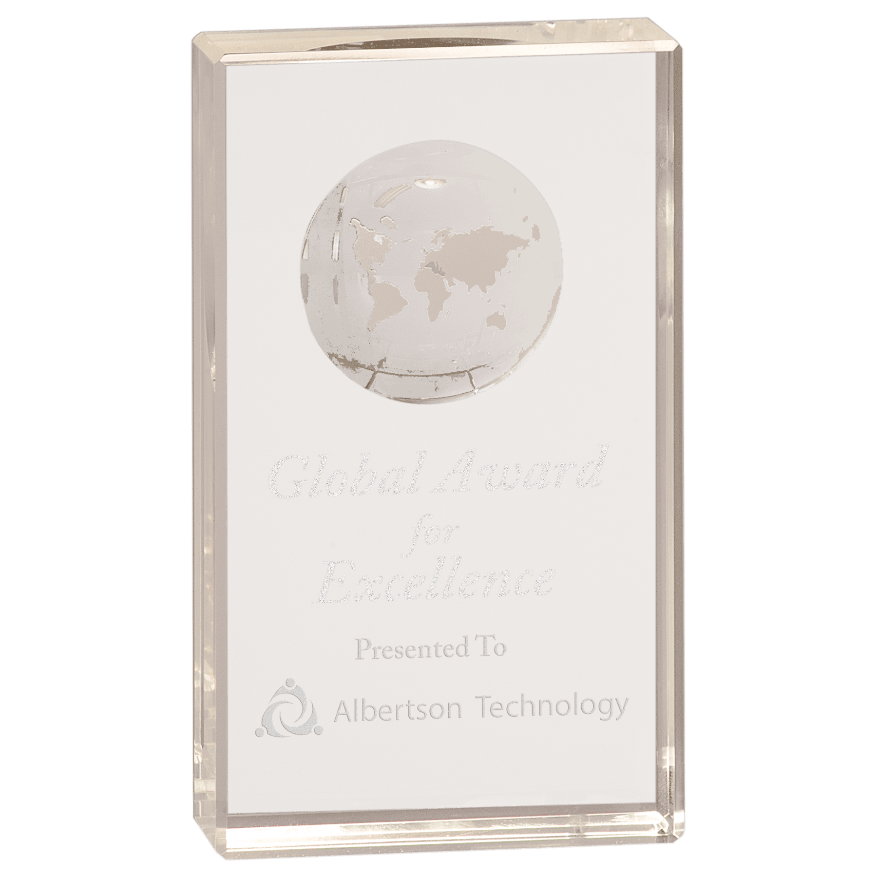 Clear Crystal Rectangle with Globe Etching - 6"