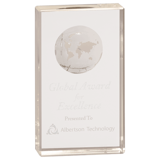 Clear Crystal Rectangle with Globe Etching - 6"