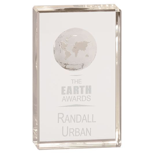 Clear Crystal Rectangle with Globe Etching - 5"