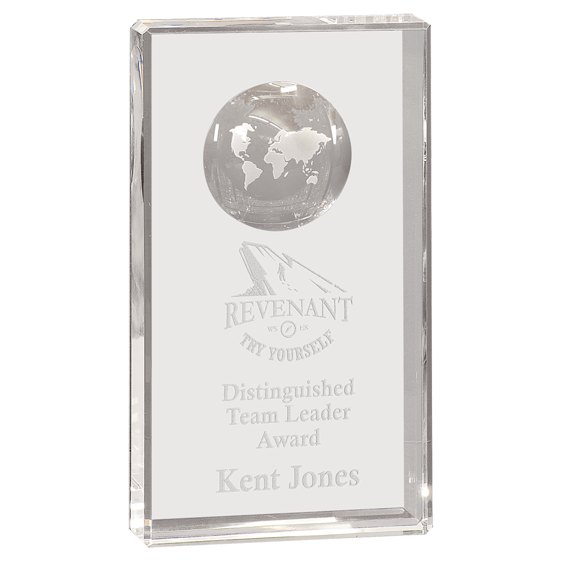 Clear Crystal Rectangle with Globe Etching - 8"
