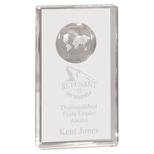Clear Crystal Rectangle with Globe Etching - 8"